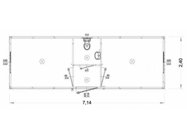 Box prefabbricati con wc e lavabo, servizio centrale 7 metri K1 H270