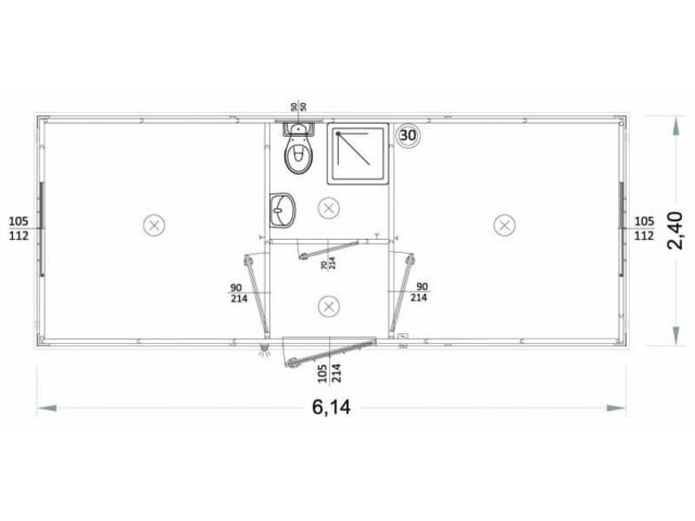 Box prefabbricati con wc, lavabo e doccia, servizio centrale – 6 metri – L1