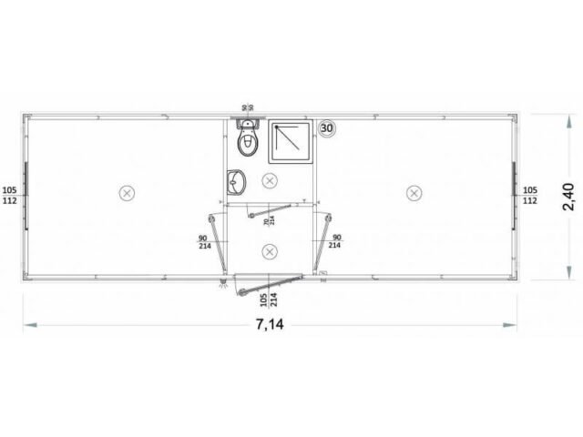 Box prefabbricati con wc, lavabo e doccia, servizio centrale 7 metri L1 H270